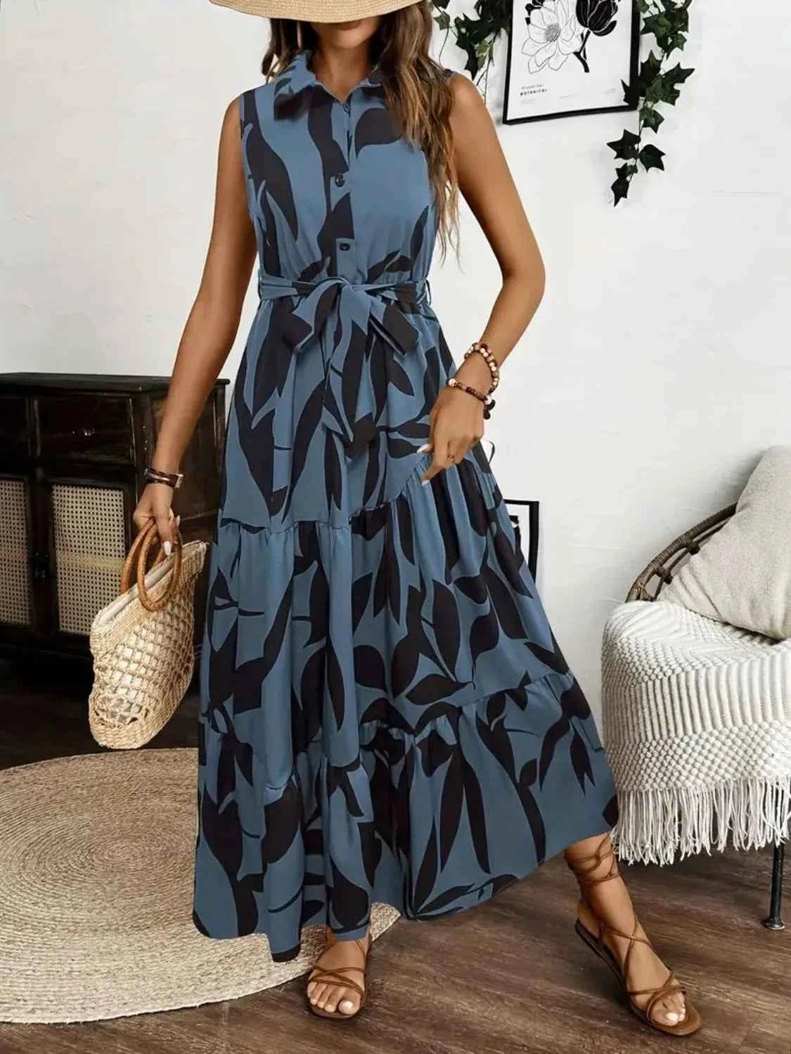 Collared Tie Waist Sleeveless Maxi Dress