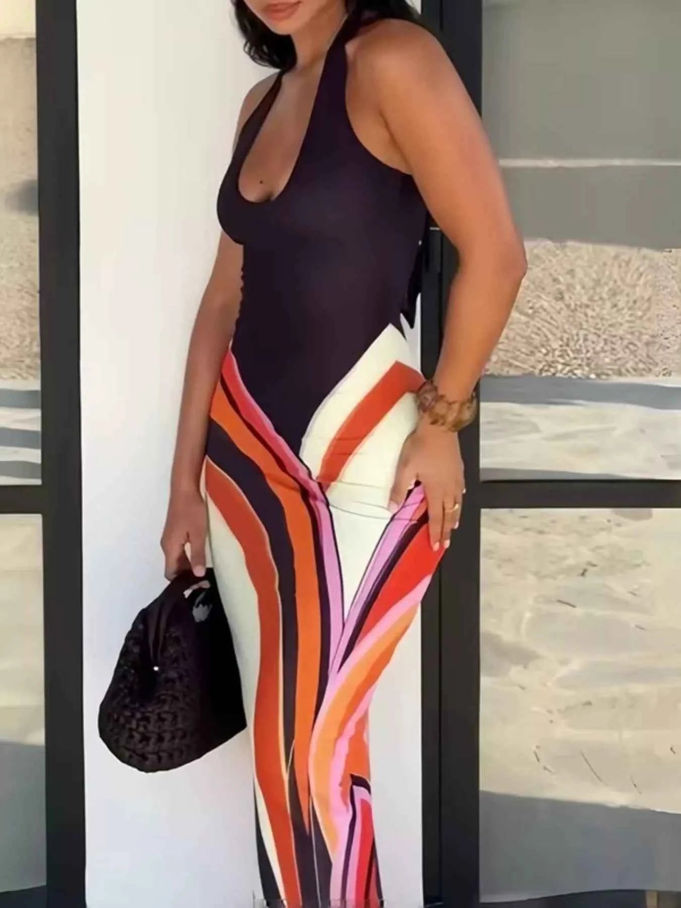 Artsy Flow Print Halter Neck Maxi Dress