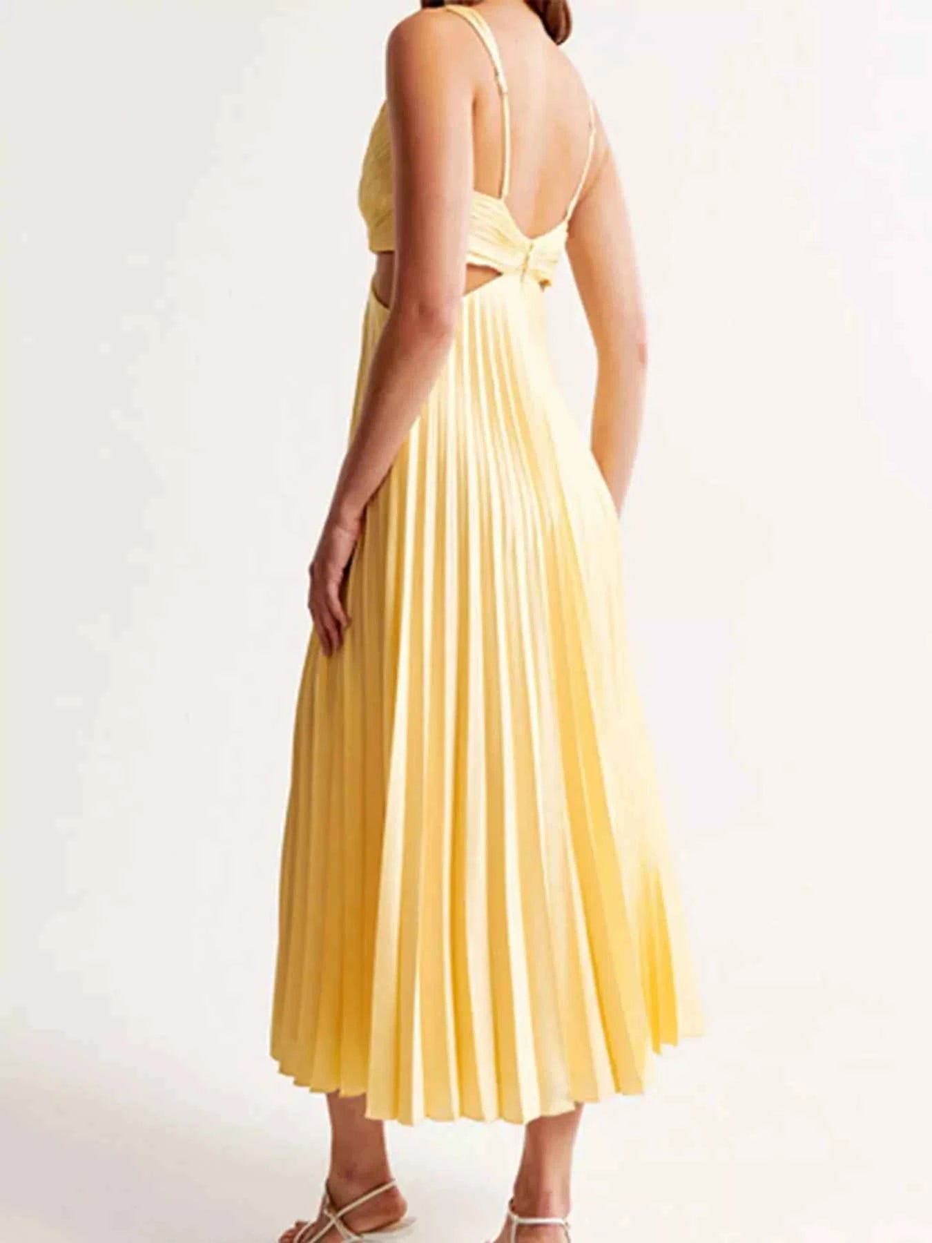 Pleated Cut-Out Waist Deep V Midi Dress