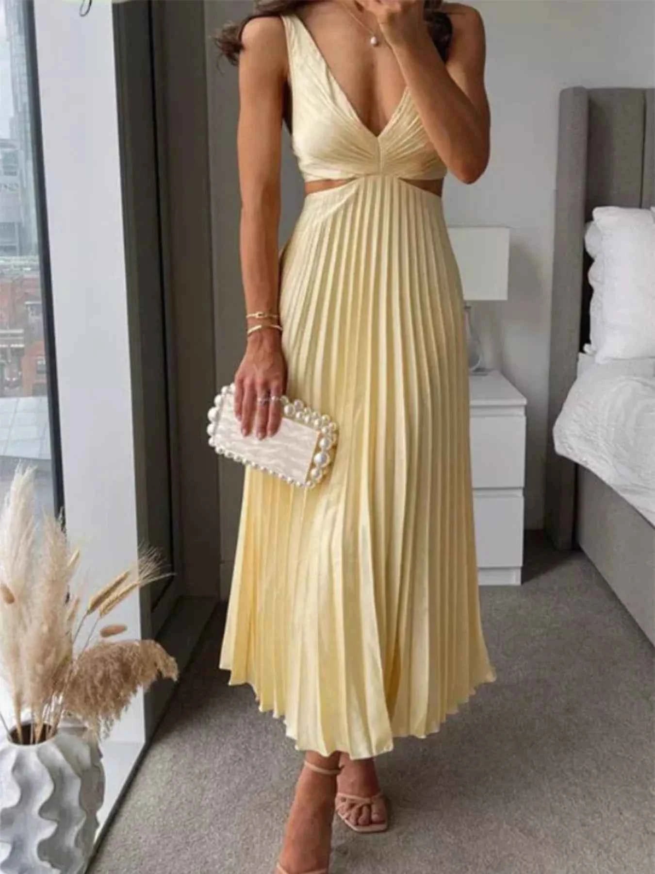 Pleated Cut-Out Waist Deep V Midi Dress