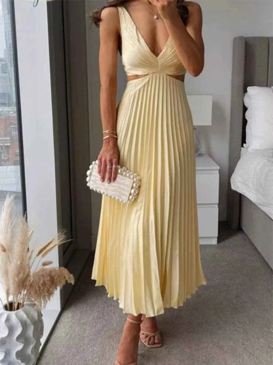 Pleated Cut-Out Waist Deep V Midi Dress