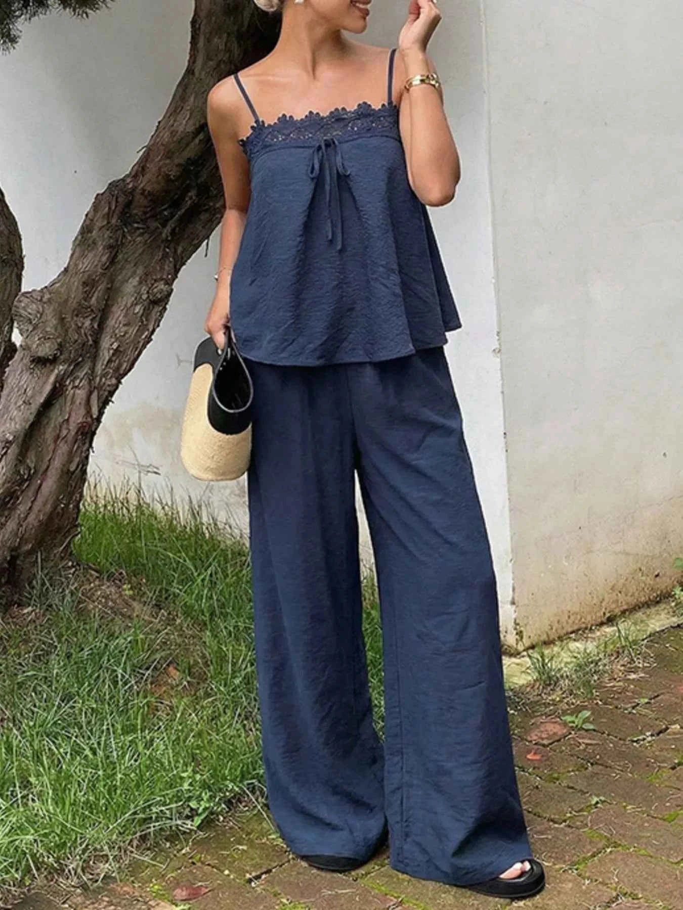 Lace Trim Cami and Wide-Leg Pants Set