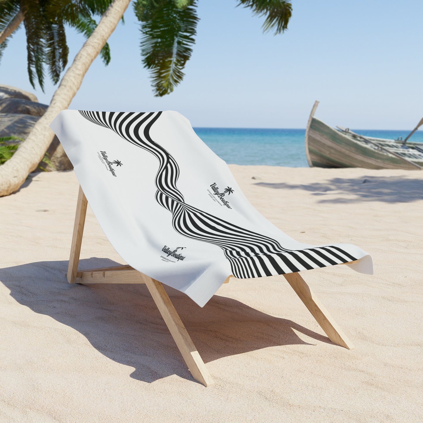 Wavy Lines Beach Towel — Minimal Black & White Nautical Stripe Towel