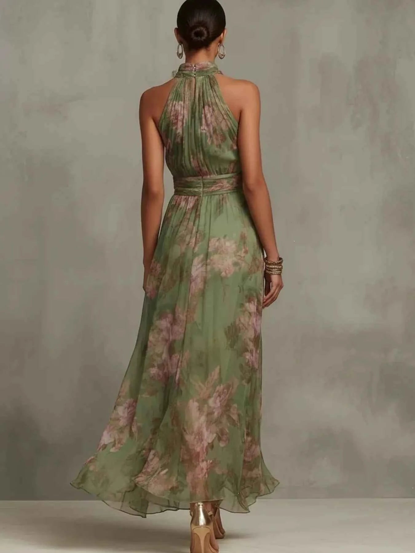 Floral Halter Neck Tiered Maxi Dress
