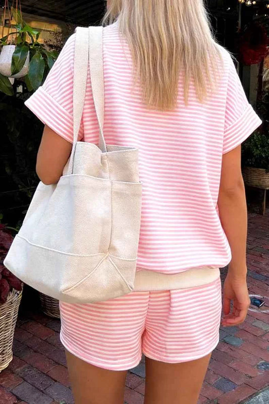 Striped Round Neck Tee and Shorts Set