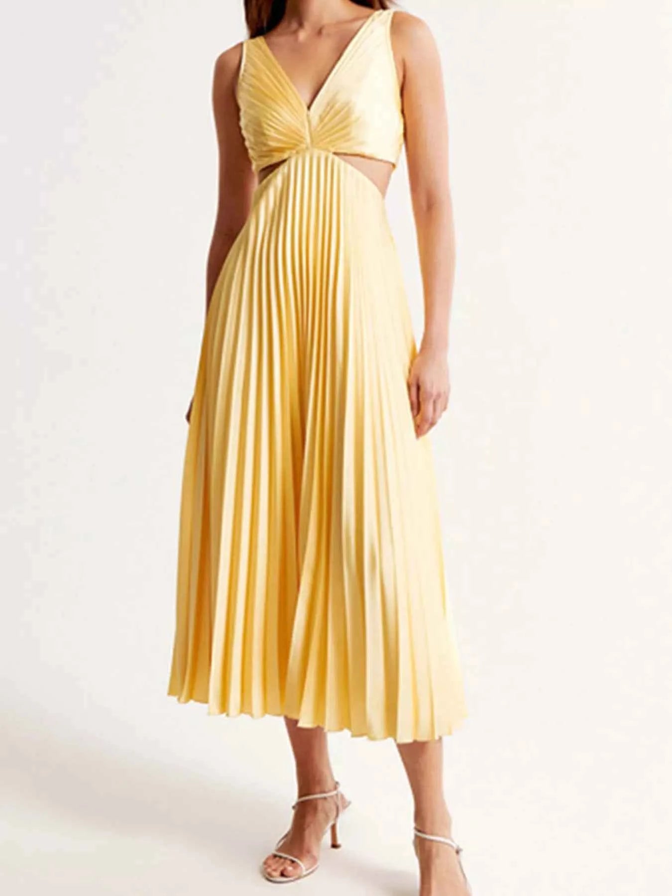 Pleated Cut-Out Waist Deep V Midi Dress