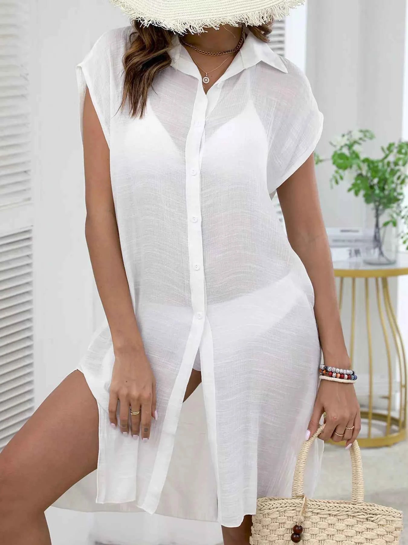 Button-Down Lightweight Beach Cover-Up