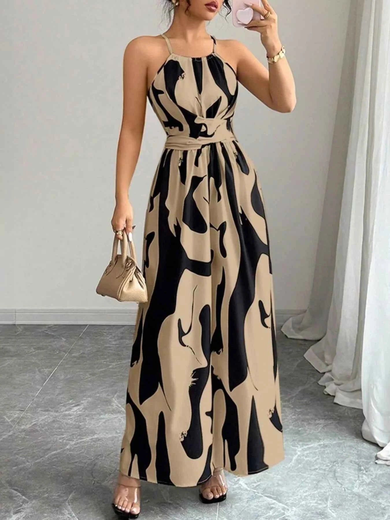 Abstract Print Halter Neck Maxi Dress