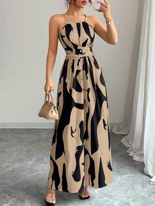Abstract Print Halter Neck Maxi Dress
