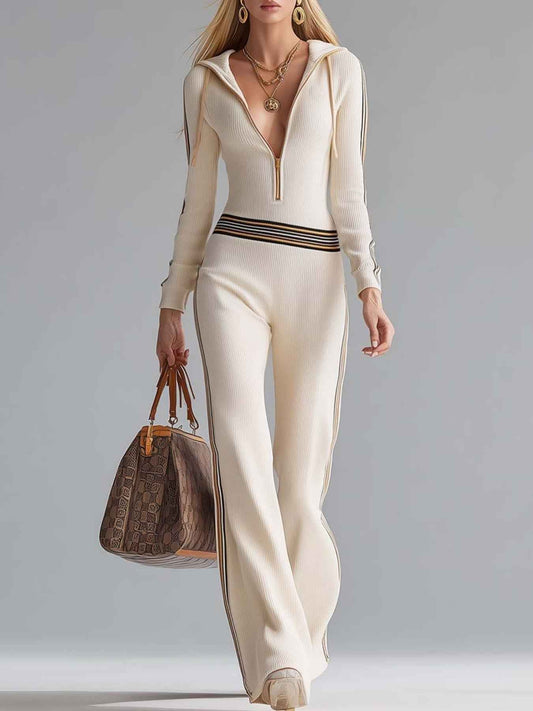 Street-Style Striped Hooded Zip-Front Jumpsuit