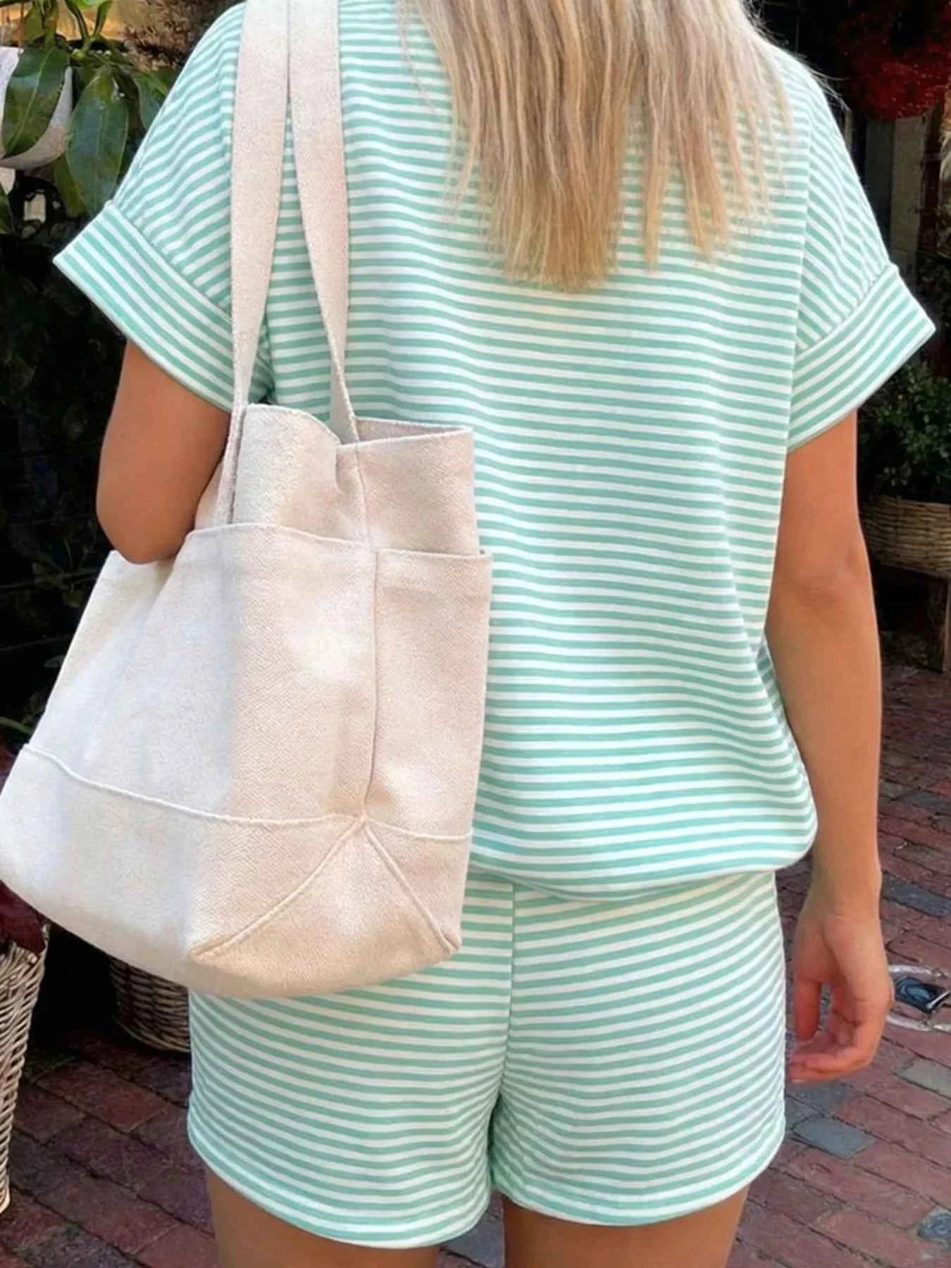 Striped Round Neck Tee and Shorts Set