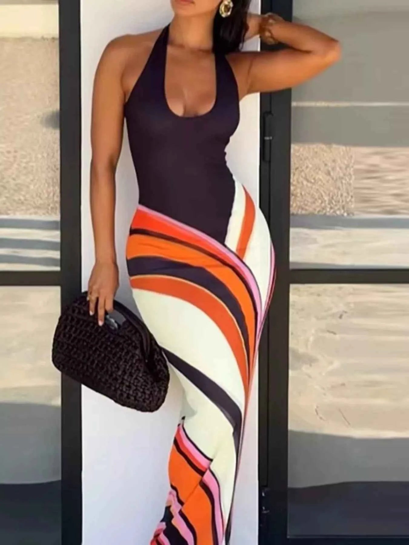 Artsy Flow Print Halter Neck Maxi Dress