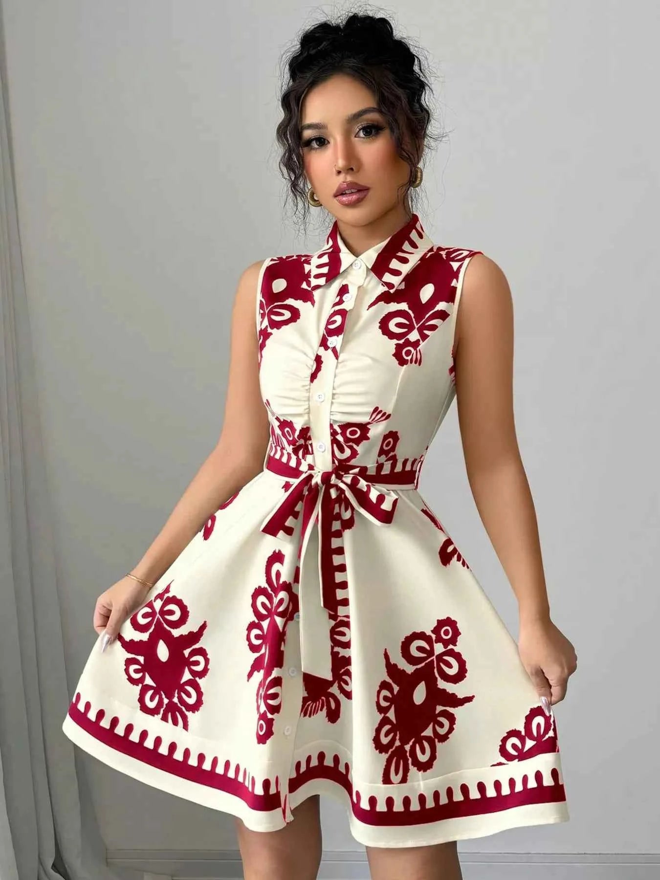 Sleeveless Ruched Printed Tie Waist Dress