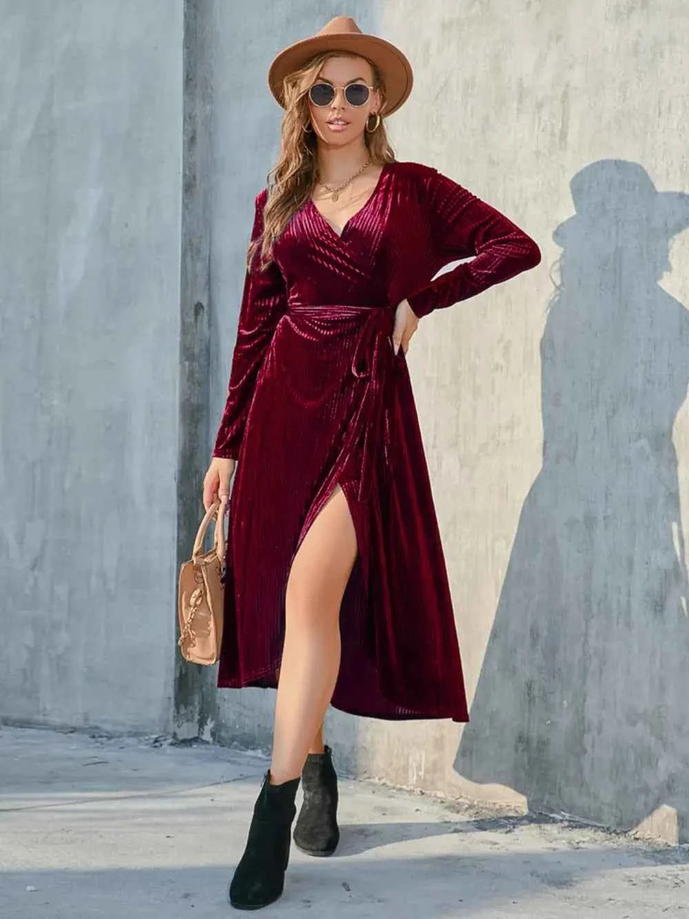 Holiday Velvet-Textured Tie-Front Long-Sleeve Dress