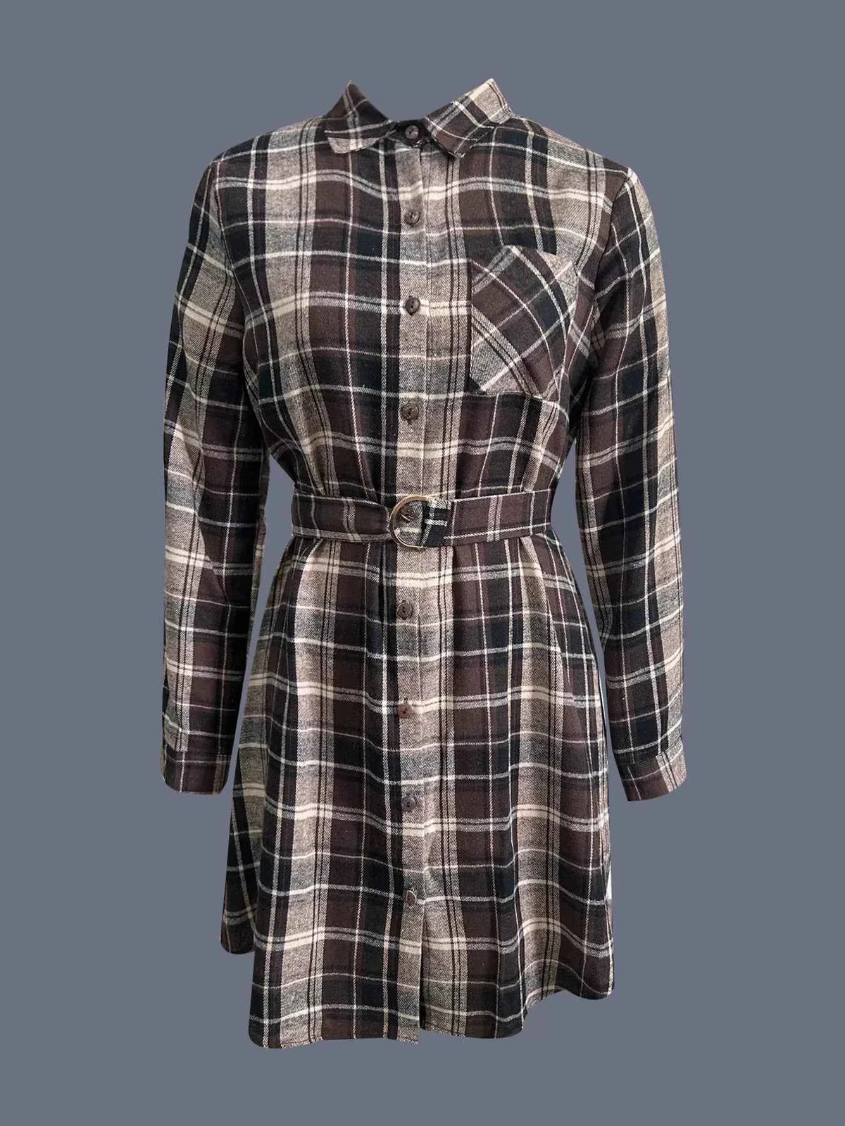 Autumn Trails Dark Brown Plaid Shirt Dress