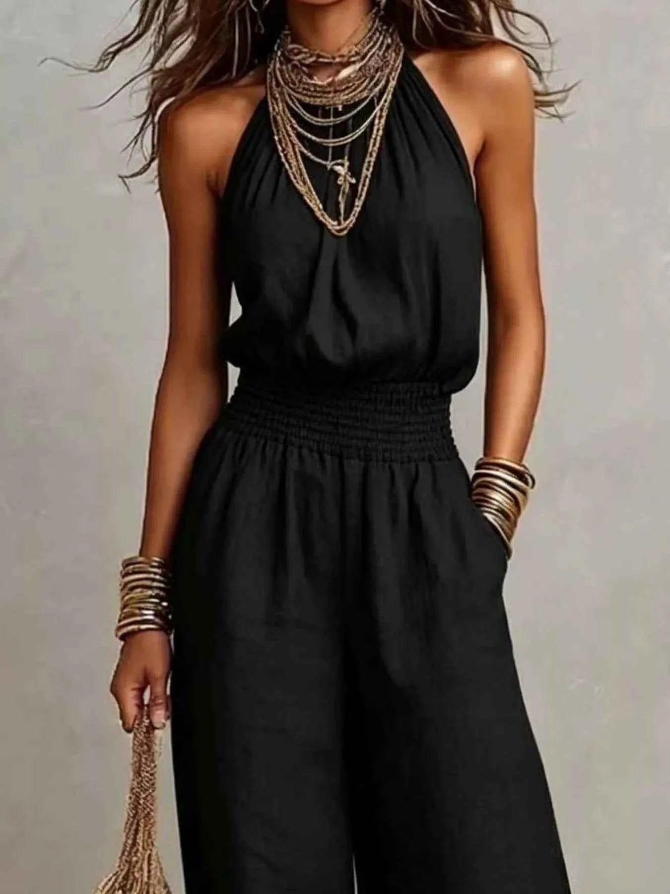 Smocked Halter Neck Wide-Leg Jumpsuit