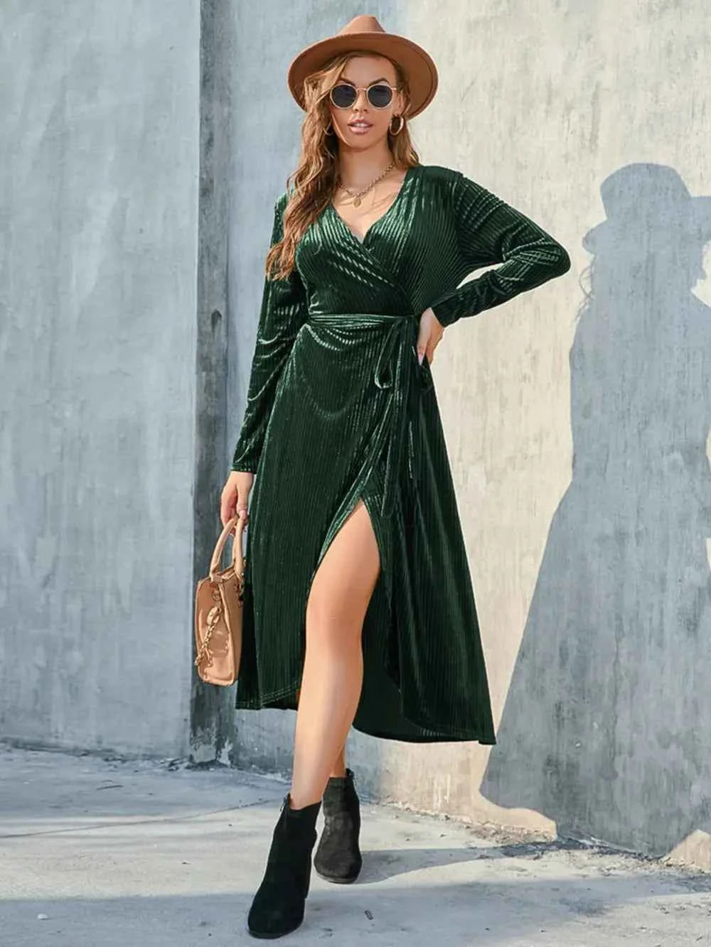 Holiday Velvet-Textured Tie-Front Long-Sleeve Dress