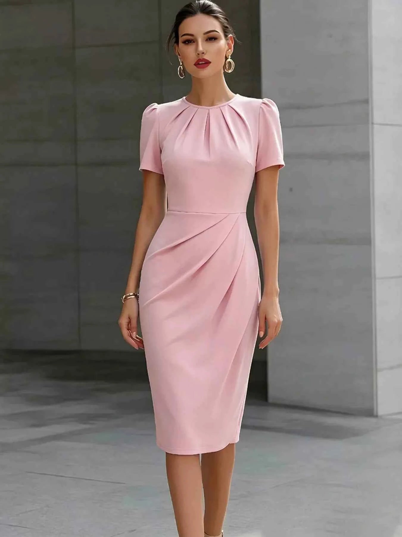 Ruched Short Sleeve Midi Dress