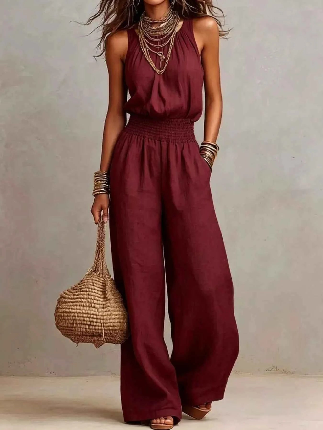 Smocked Halter Neck Wide-Leg Jumpsuit
