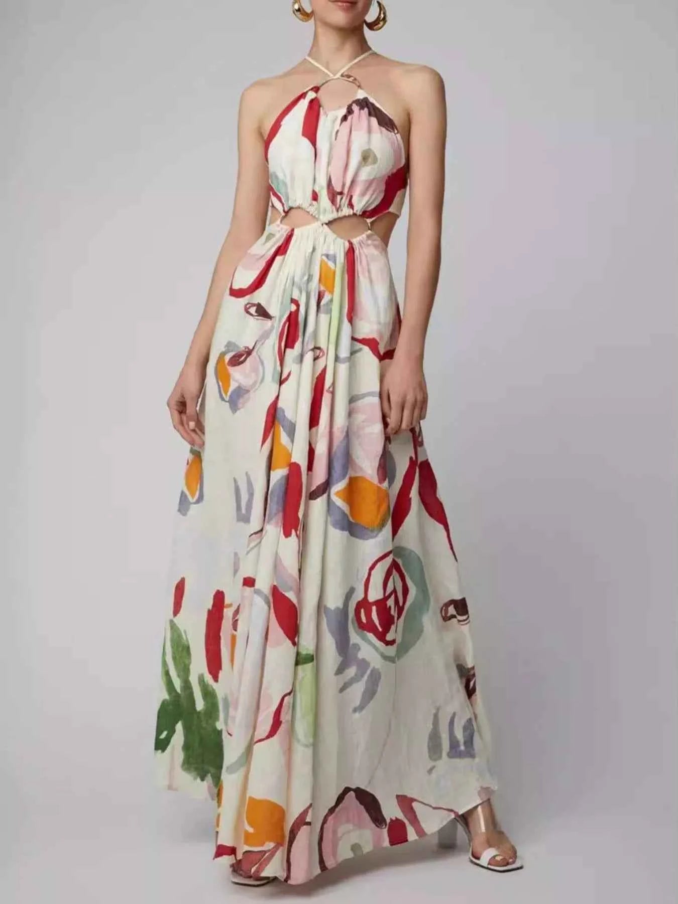 Printed Halter Neck Cut-Out Maxi Dress