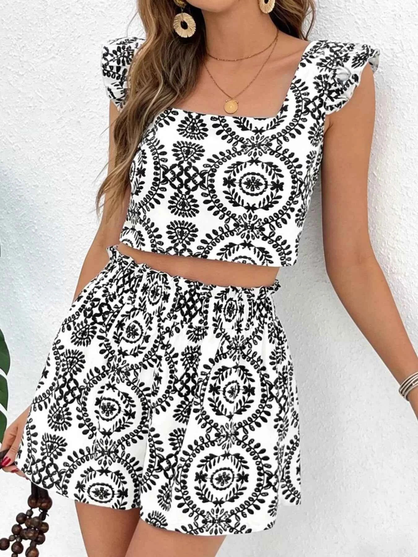 Printed Ruffle Trim Crop Top & Shorts Set