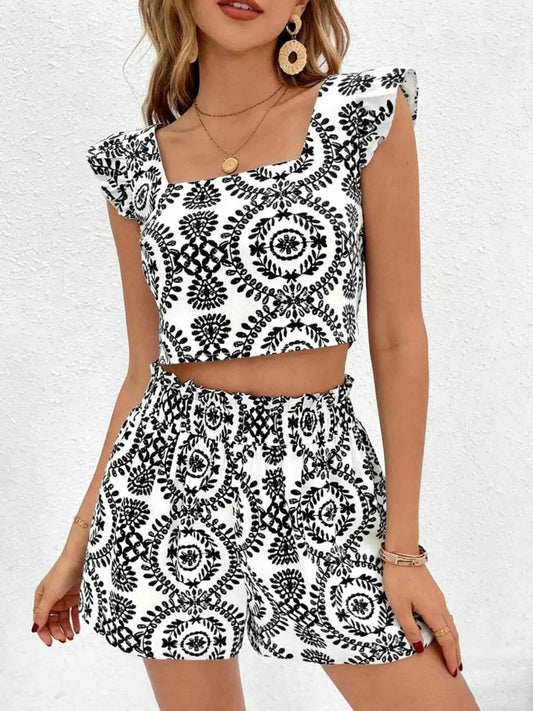 Printed Ruffle Trim Crop Top & Shorts Set
