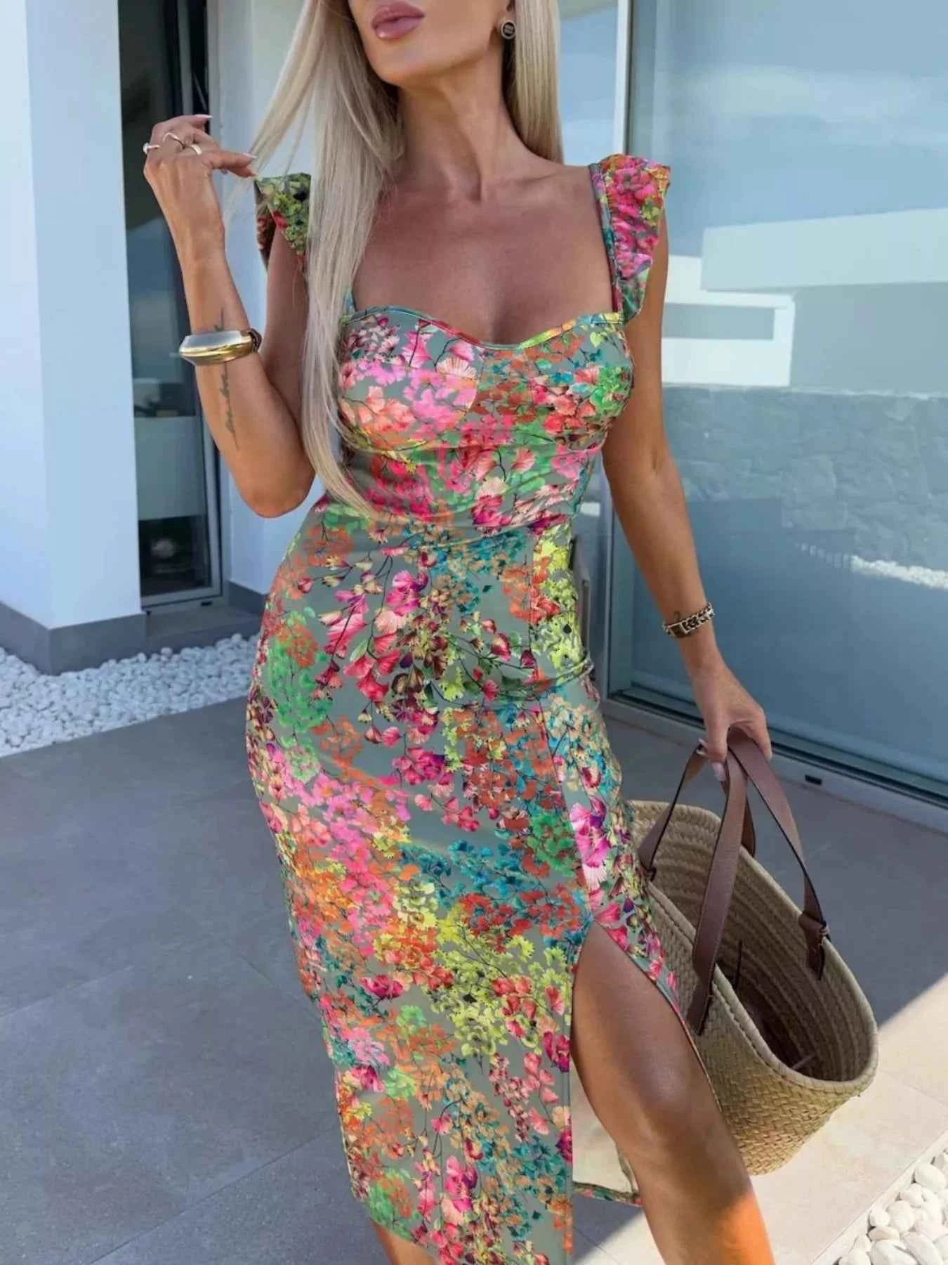 Slit Sweetheart Neck Midi Dress