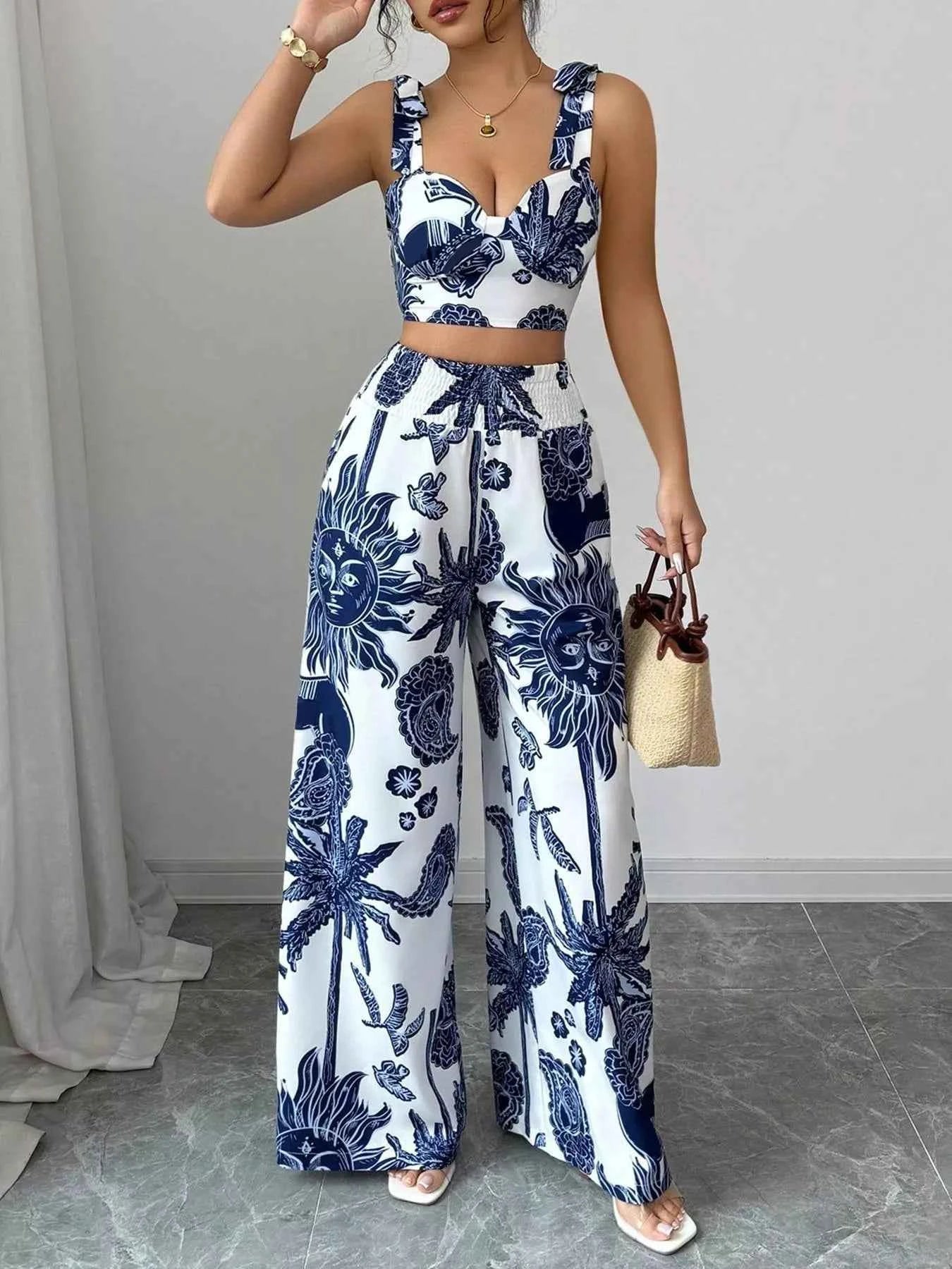 Floral Print Crop Top and Wide Leg Pants Set