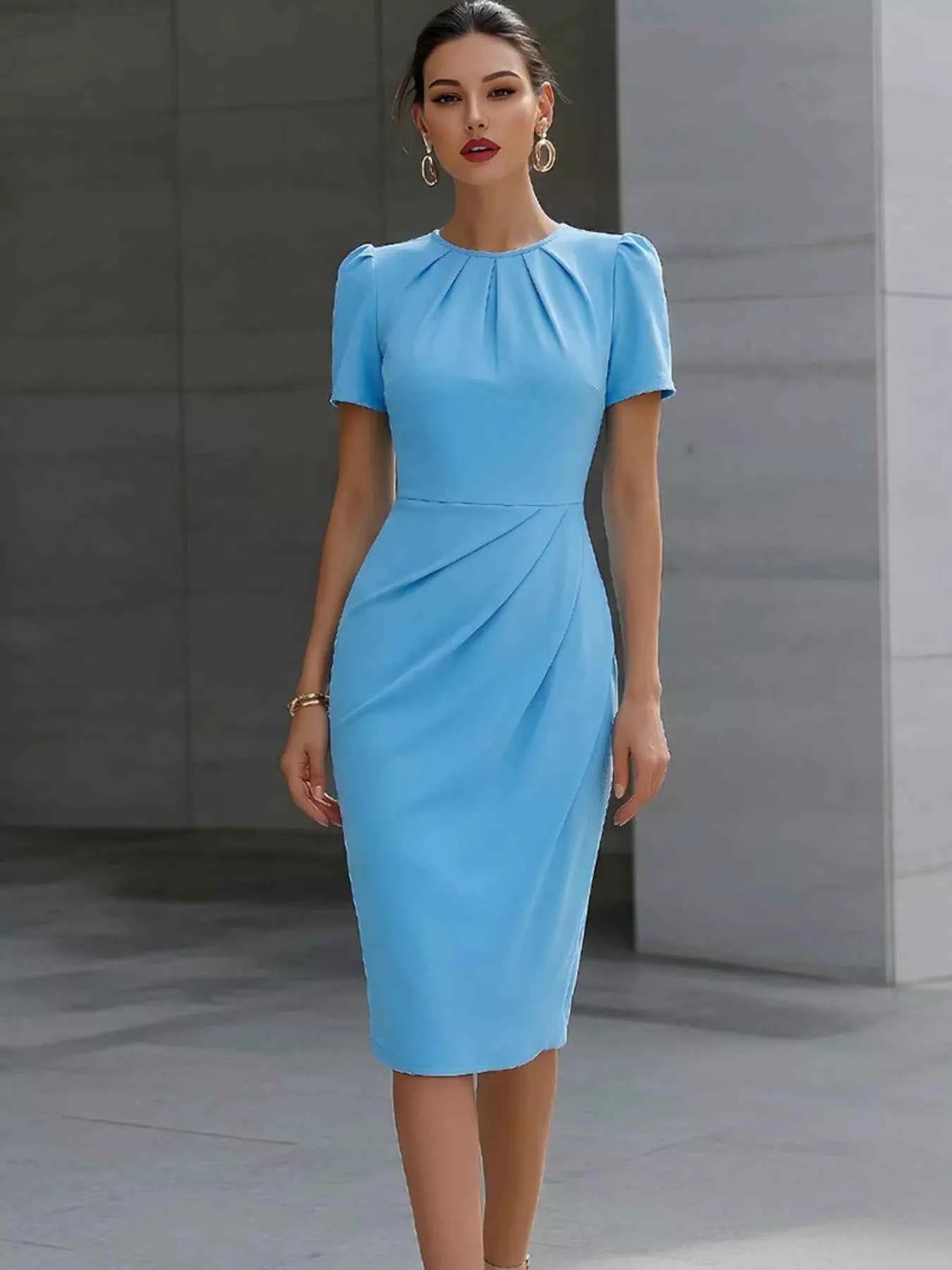 Ruched Short Sleeve Midi Dress