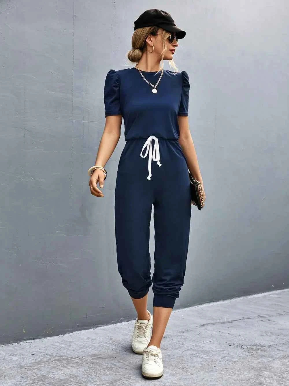Effortless Drawstring Short-Sleeve Jumpsuit