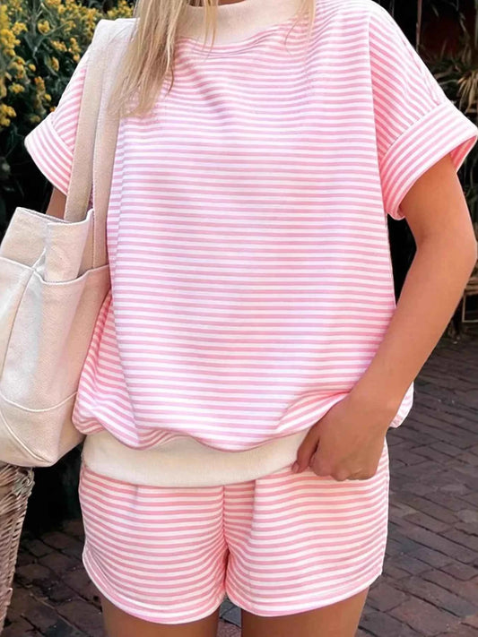 Striped Round Neck Tee and Shorts Set