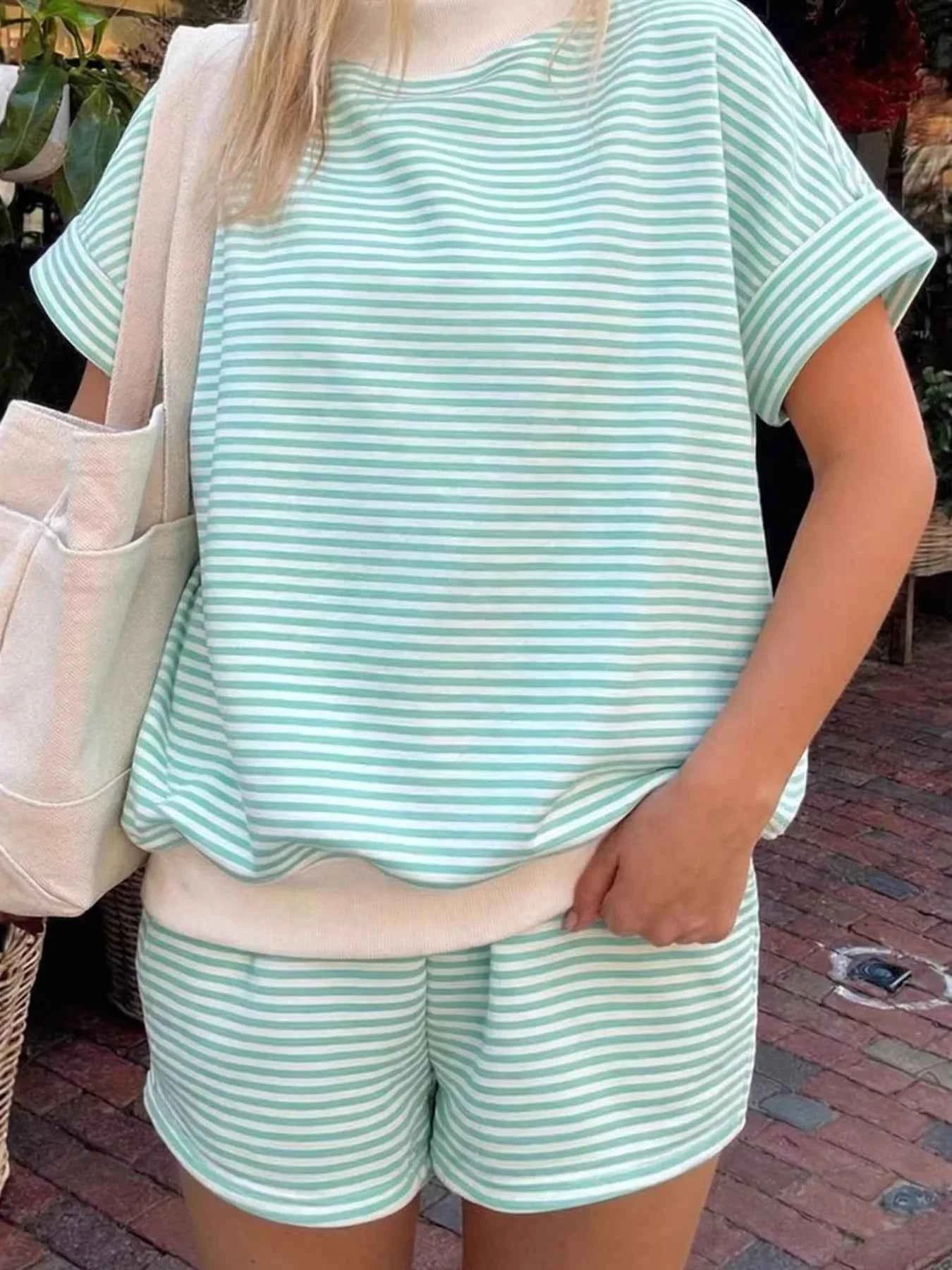 Striped Round Neck Tee and Shorts Set
