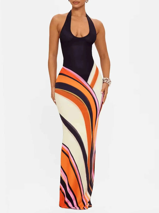 Artsy Flow Print Halter Neck Maxi Dress
