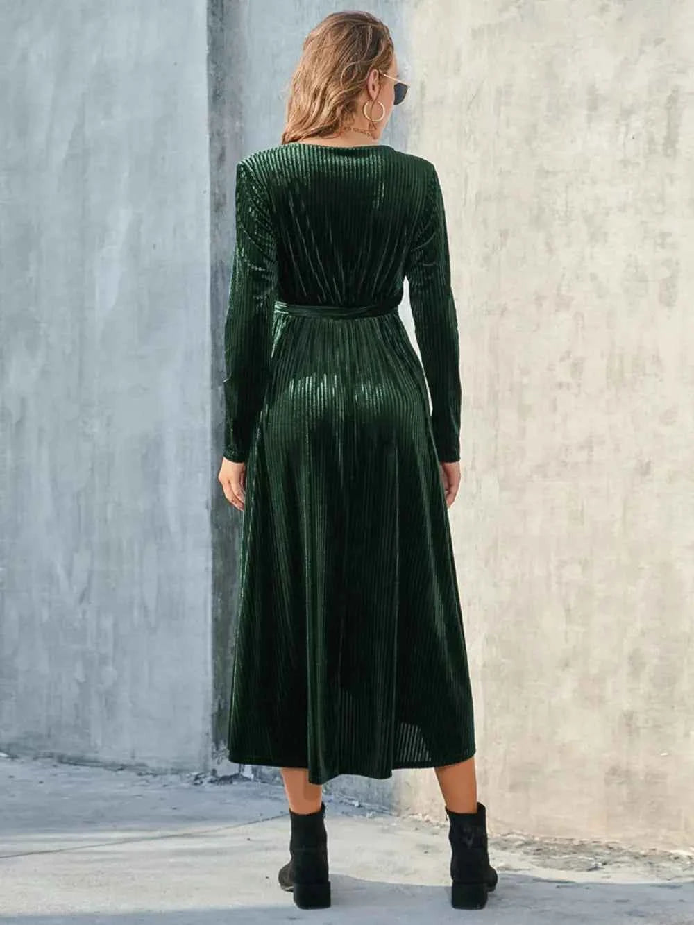 Holiday Velvet-Textured Tie-Front Long-Sleeve Dress