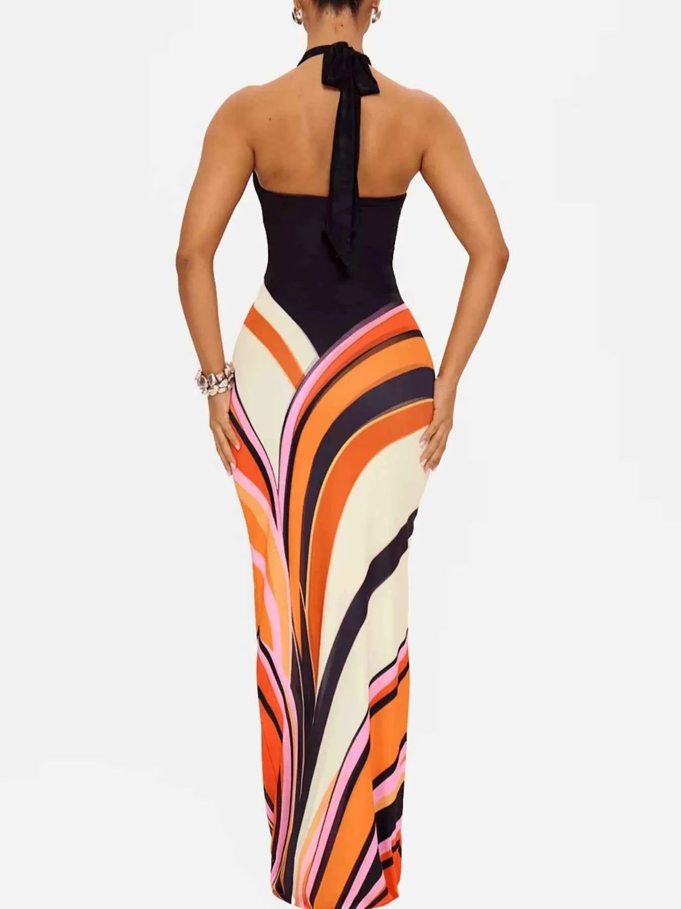 Artsy Flow Print Halter Neck Maxi Dress