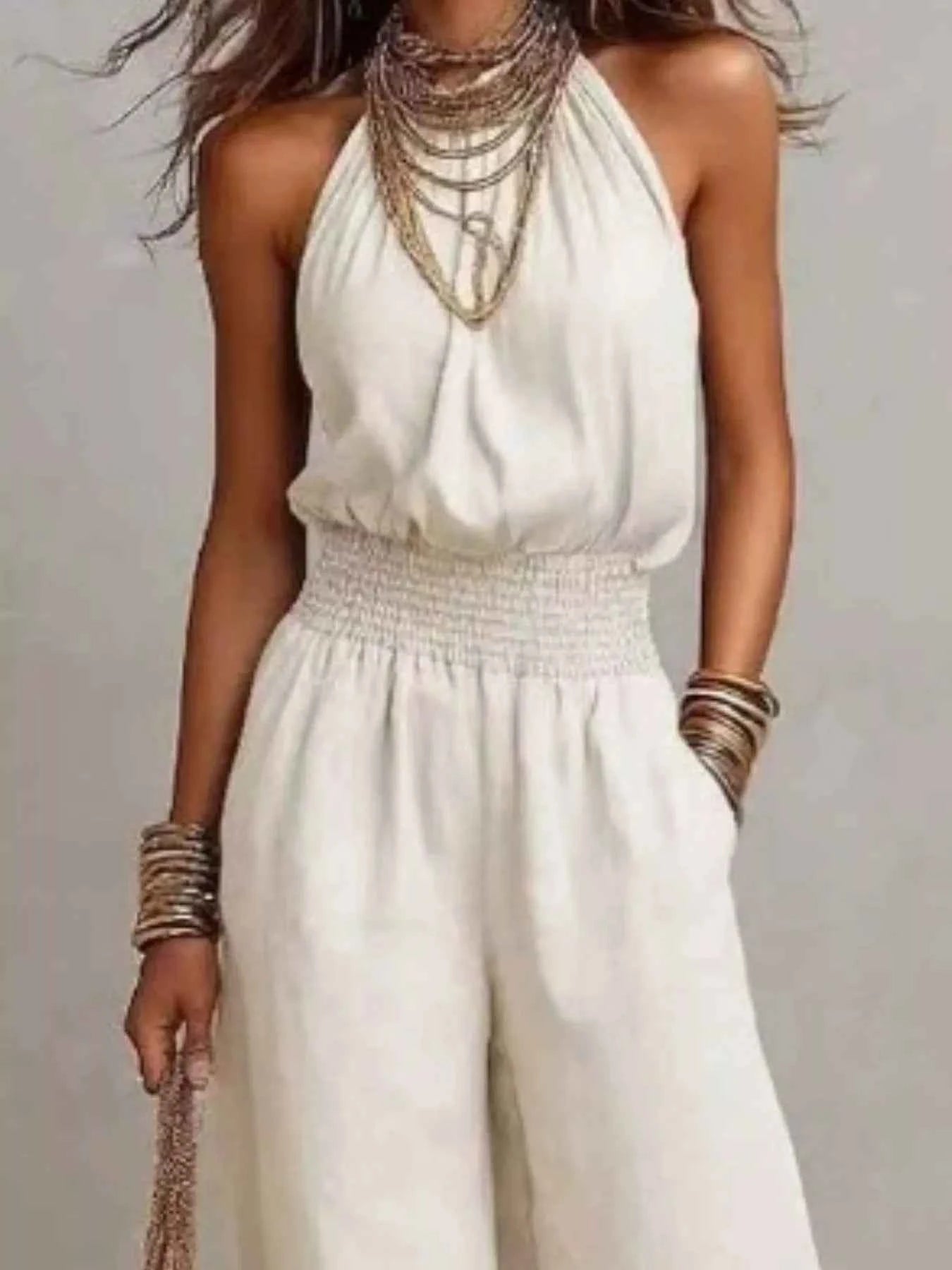 Smocked Halter Neck Wide-Leg Jumpsuit