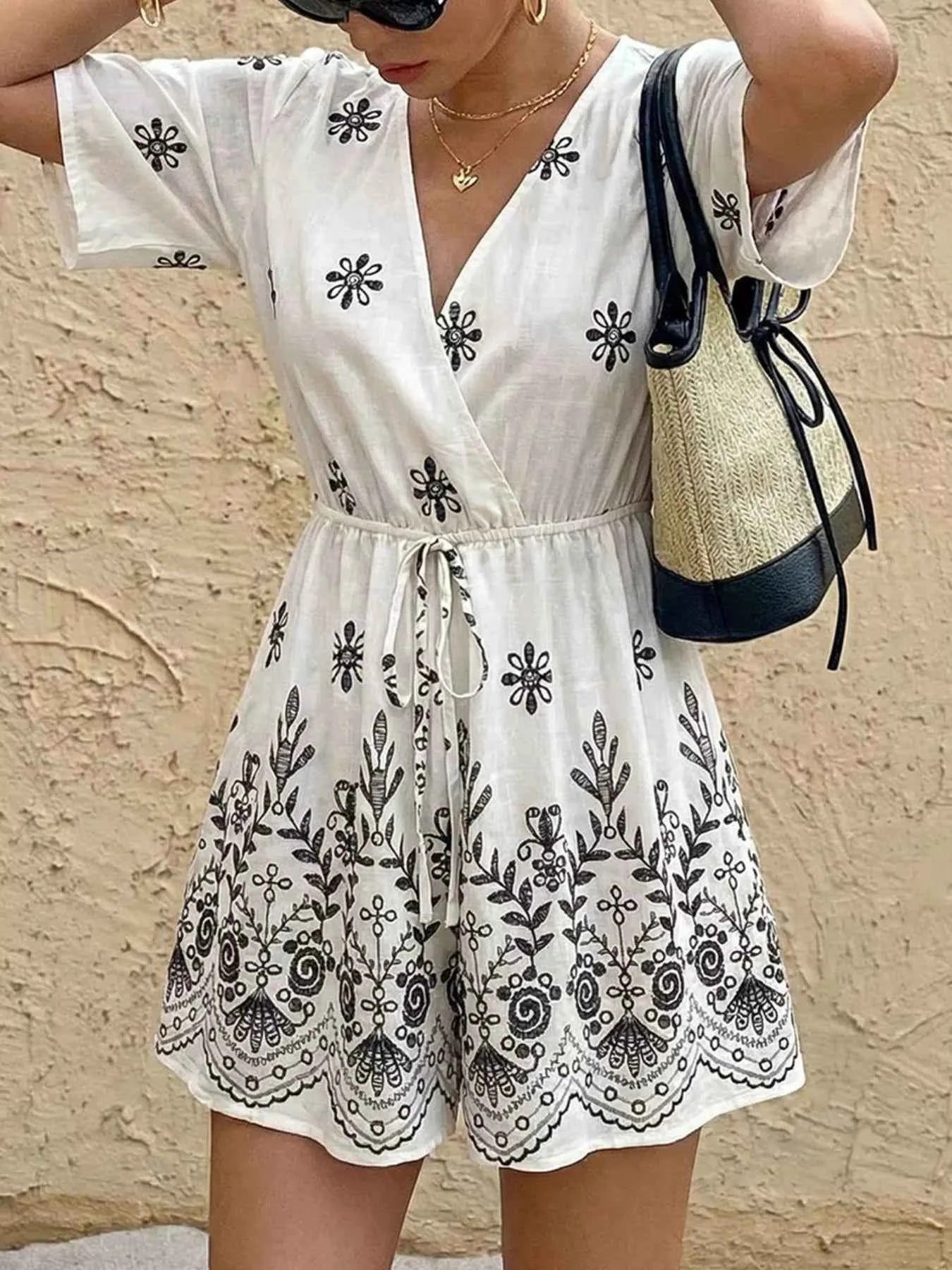 Boho Floral Embroidery Print Surplice Romper