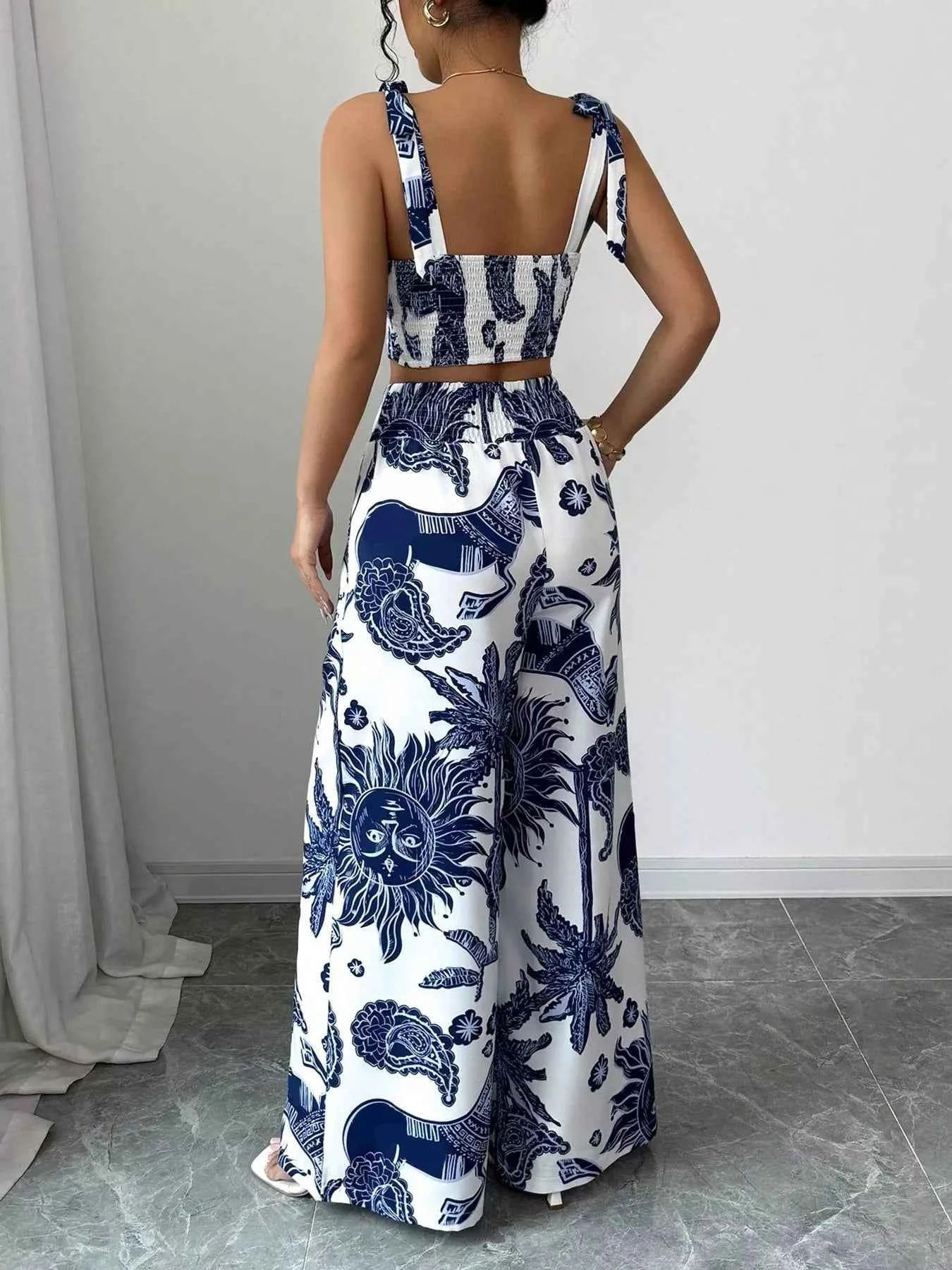 Floral Print Crop Top and Wide Leg Pants Set