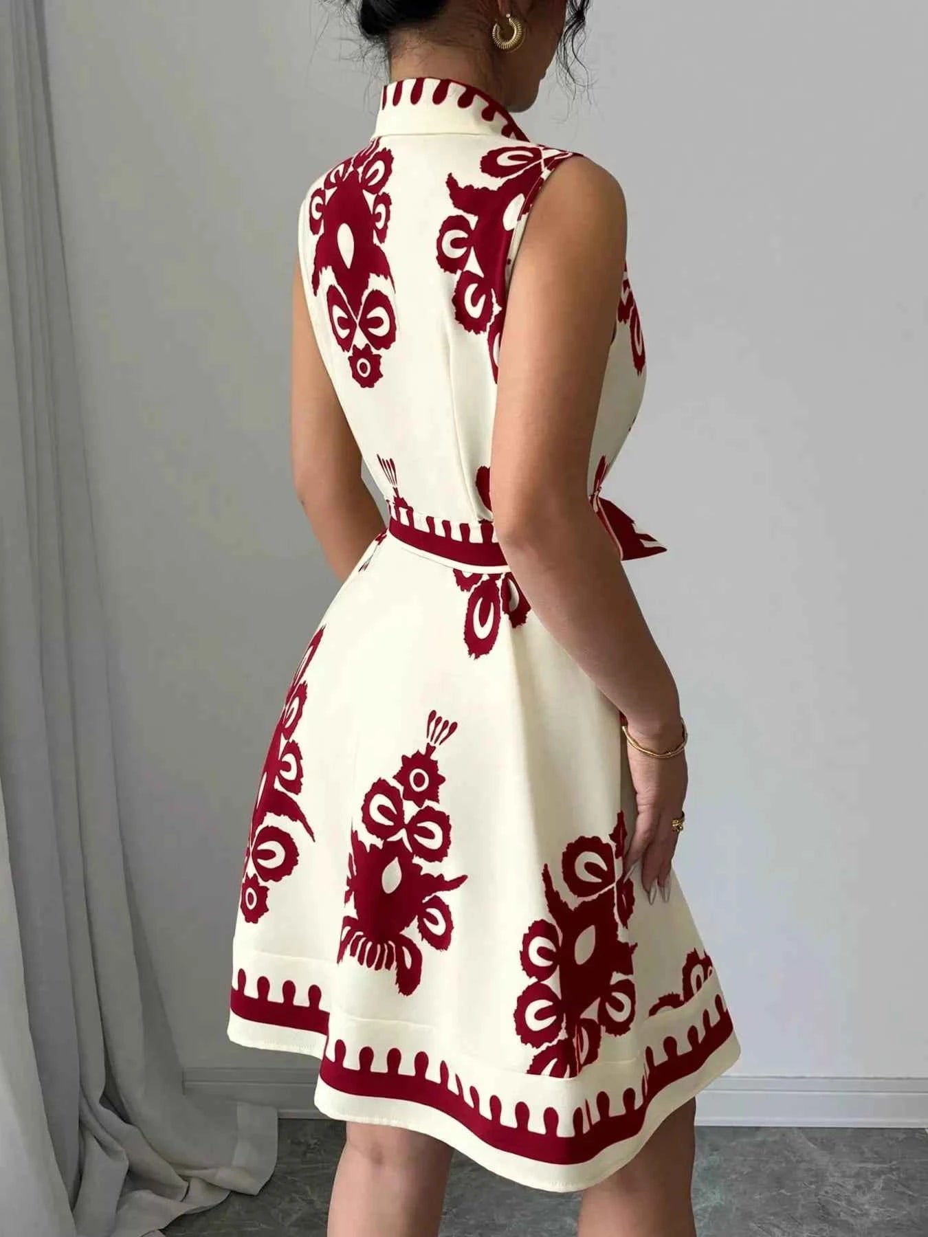 Sleeveless Ruched Printed Tie Waist Dress