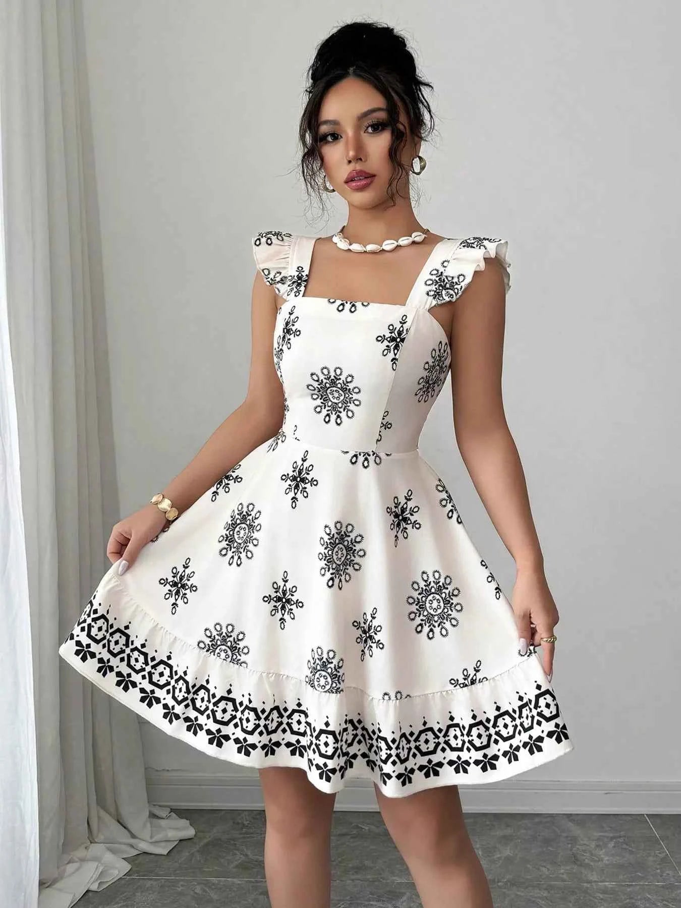 Printed Bow Back Square Neck Mini Dress