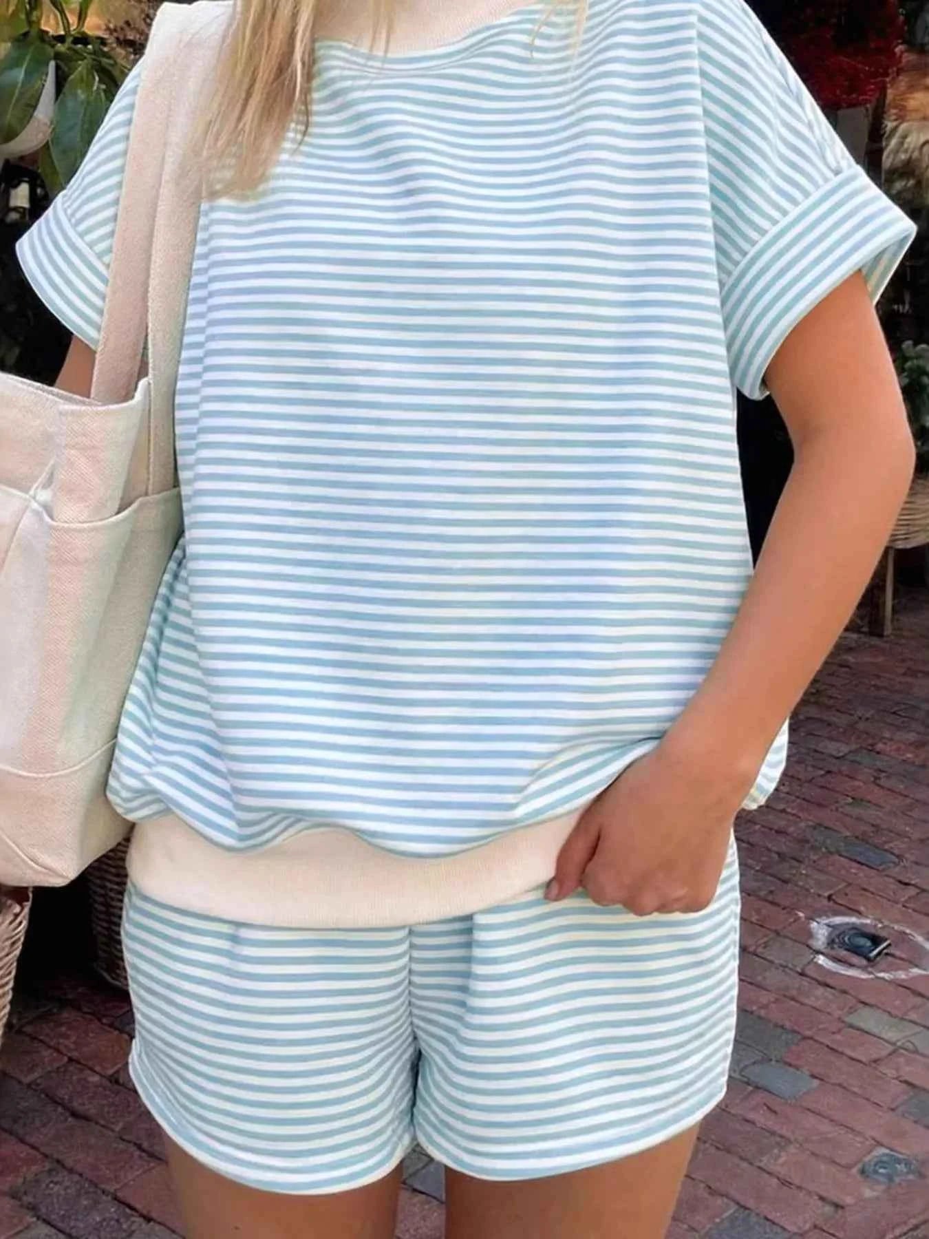 Striped Round Neck Tee and Shorts Set
