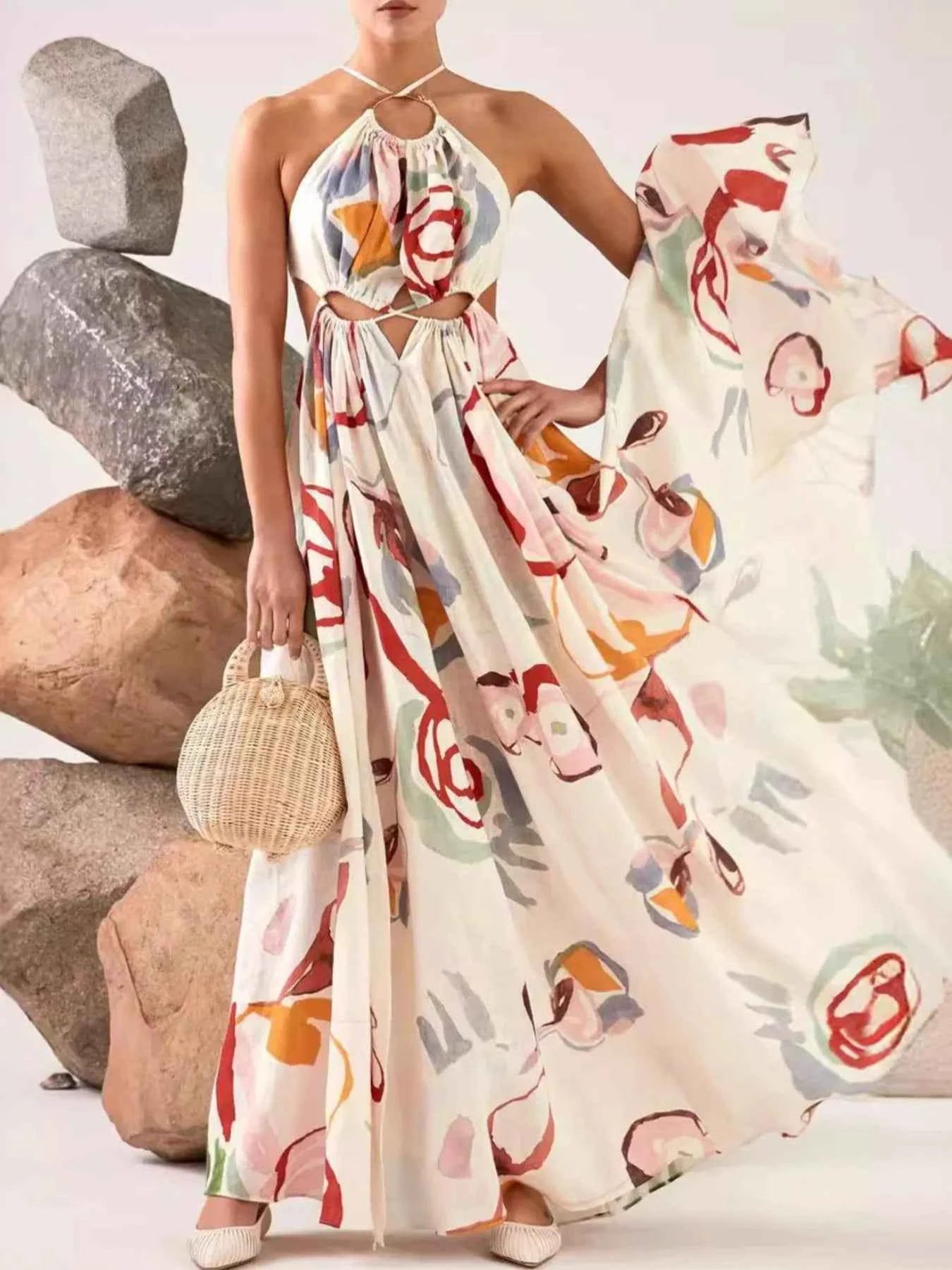 Printed Halter Neck Cut-Out Maxi Dress