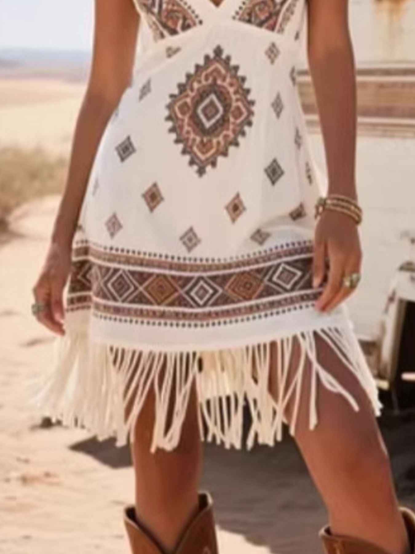 Fringe Trim Geometric Mini Dress