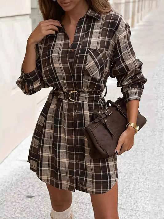 Autumn Trails Dark Brown Plaid Shirt Dress