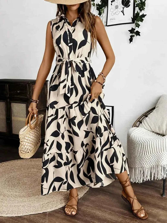 Collared Tie Waist Sleeveless Maxi Dress