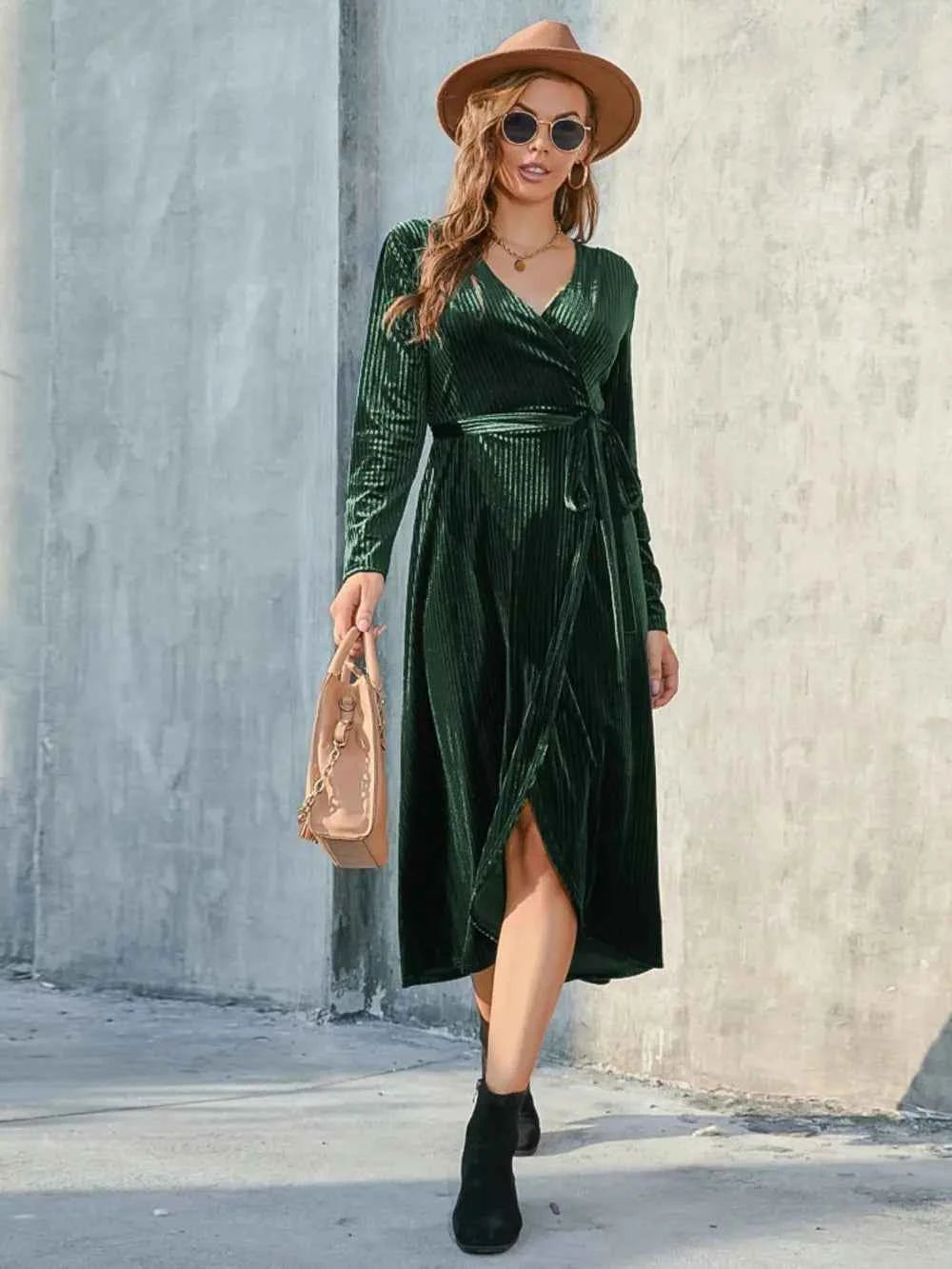 Holiday Velvet-Textured Tie-Front Long-Sleeve Dress