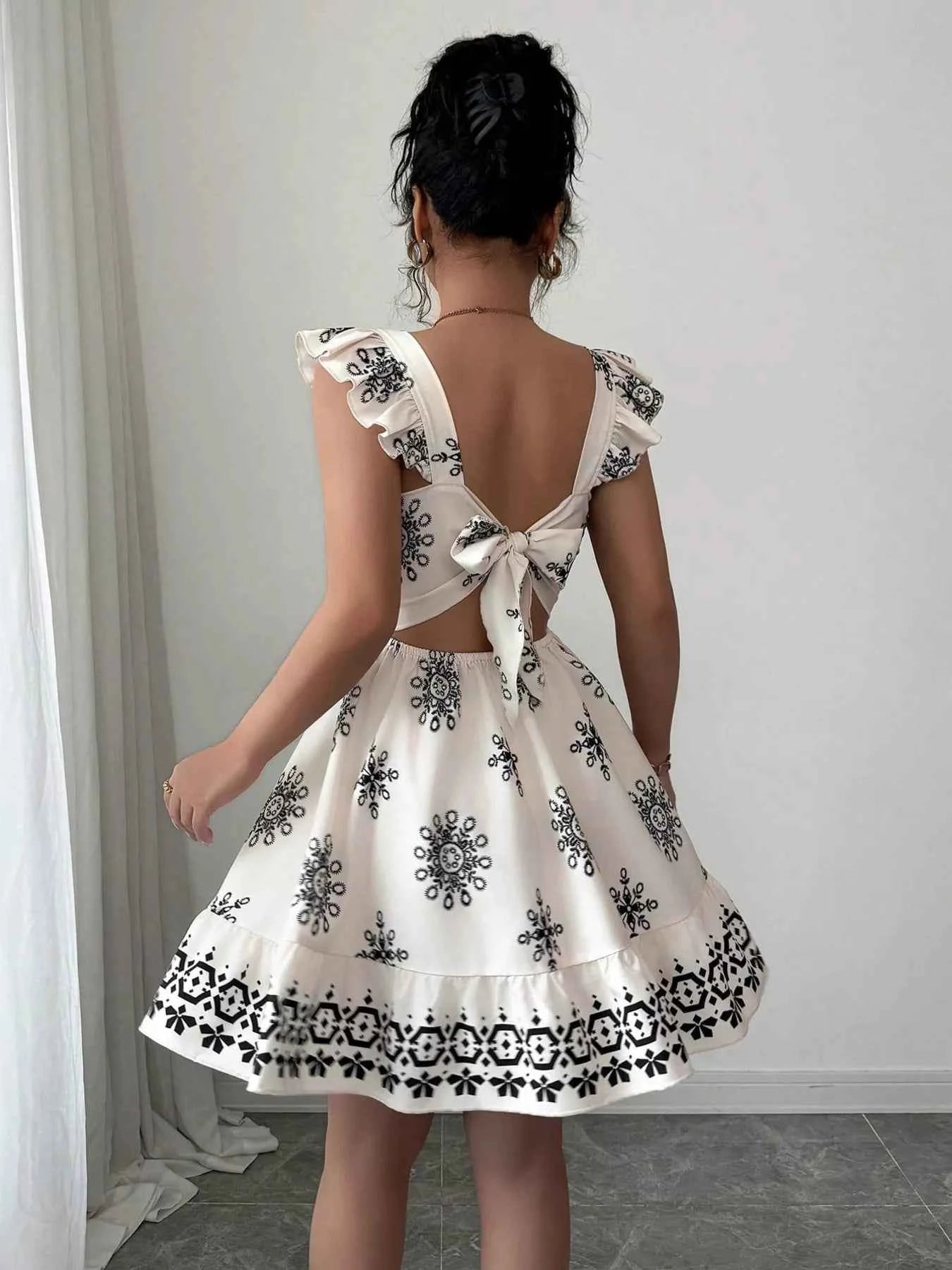 Printed Bow Back Square Neck Mini Dress
