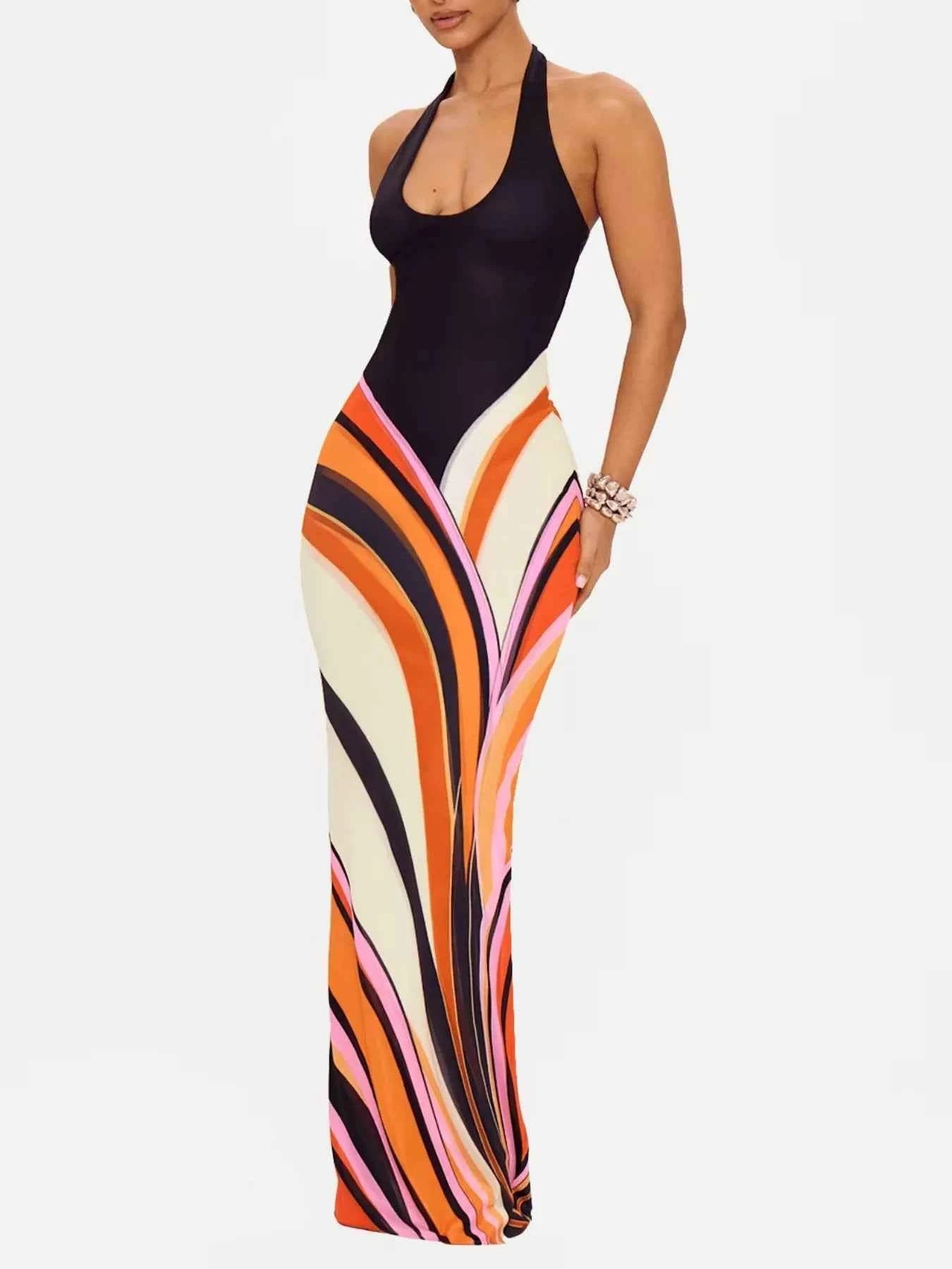 Artsy Flow Print Halter Neck Maxi Dress