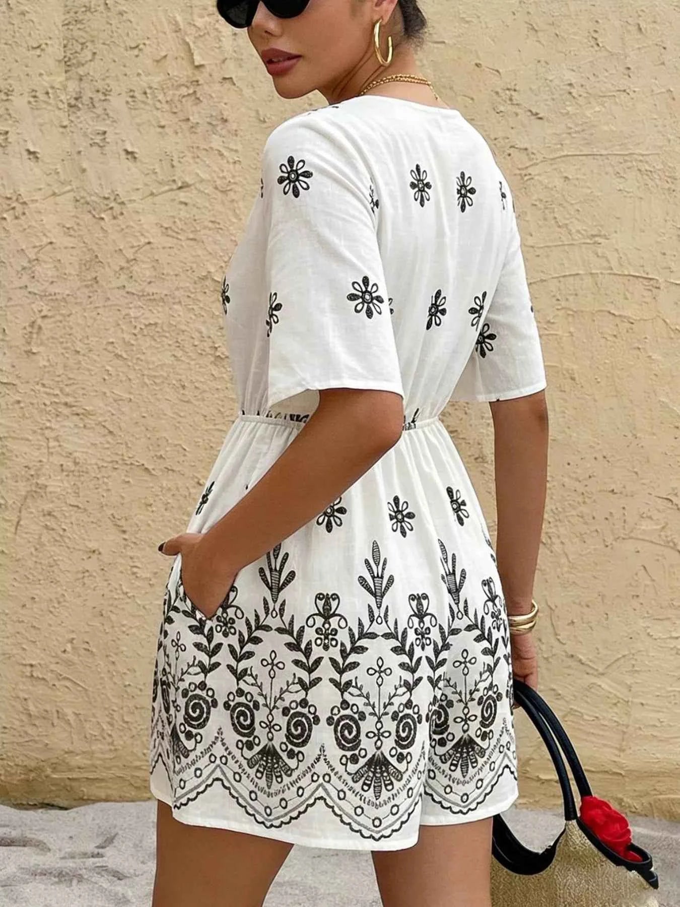 Boho Floral Embroidery Print Surplice Romper