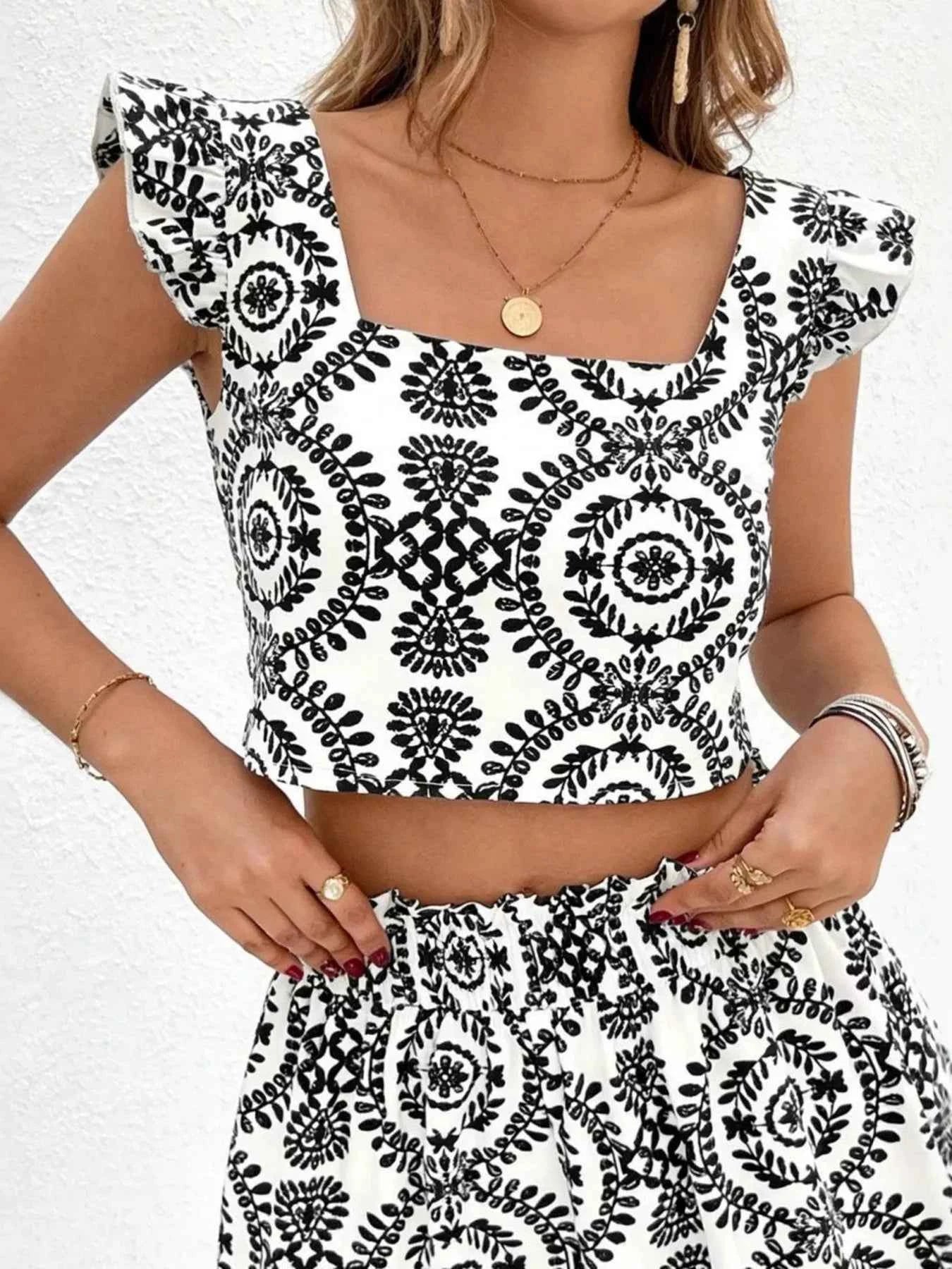Printed Ruffle Trim Crop Top & Shorts Set